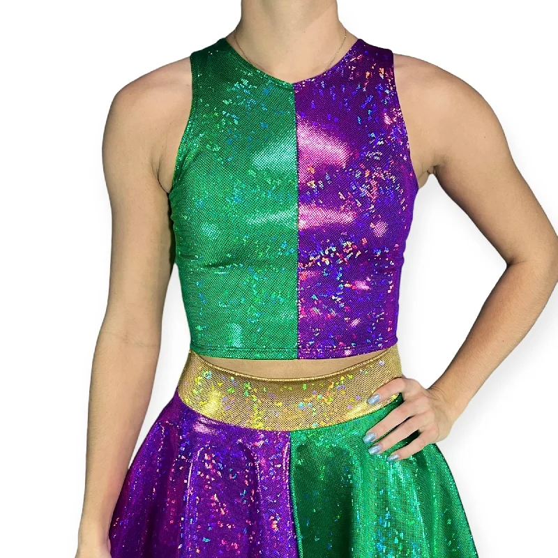 Camouflage - Print Women's Crop Top in Olive for a Trendy and Edgy StyleHigh Neck Crop Tank Top - Mardi Gras Purple & Green Camouflage - Print Women's Crop Top in Olive for a Trendy and Edgy StyleHigh Neck Crop Tank Top - Mardi Gras Purple & Green