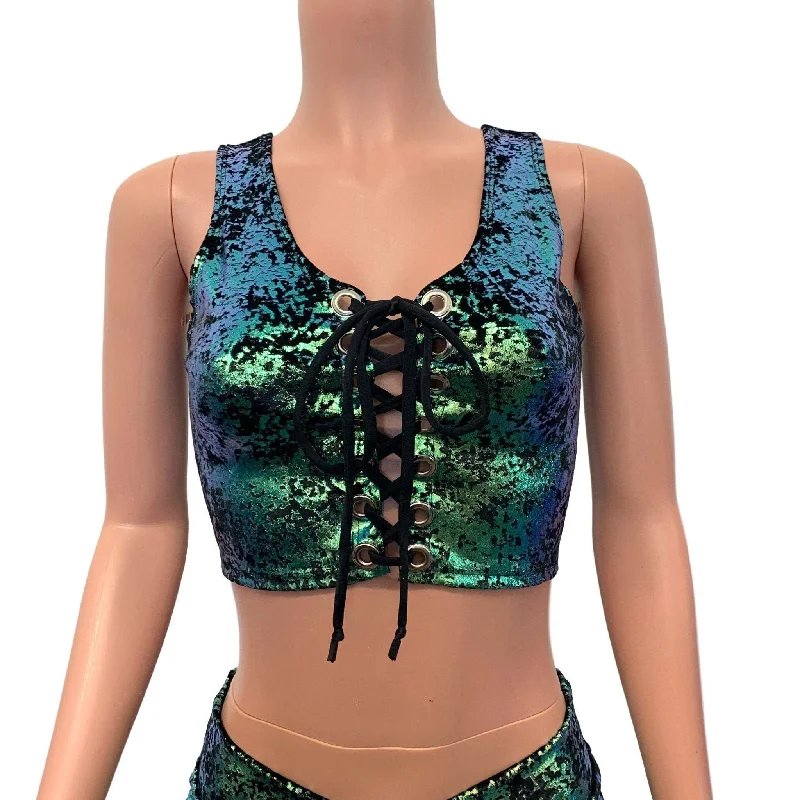 Plus - Size Women's Ruffled Crop Top in Pink for a Feminine and Flirty AppearanceLace-Up Crop Top - Green on Black Gilded Velvet Plus - Size Women's Ruffled Crop Top in Pink for a Feminine and Flirty AppearanceLace-Up Crop Top - Green on Black Gilded Velvet