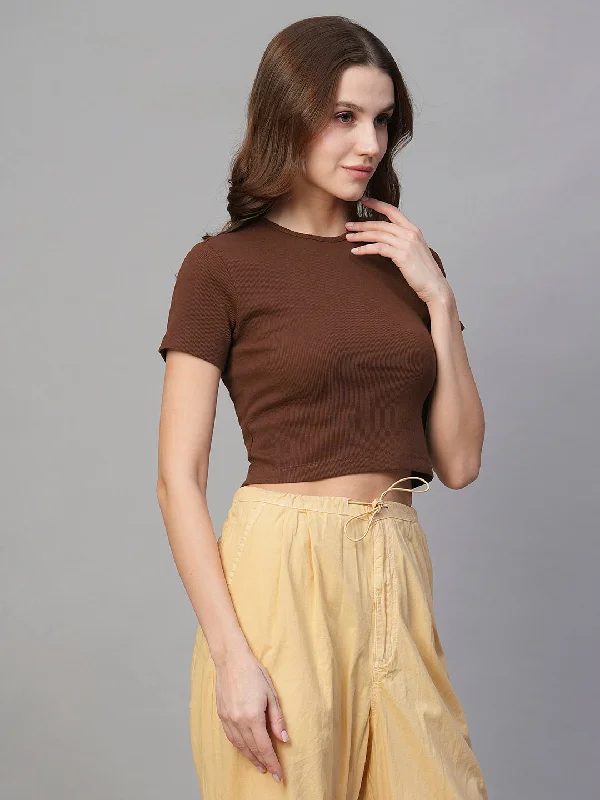 Pronk Ribbed Half Sleeve Crop Top - Cocoa