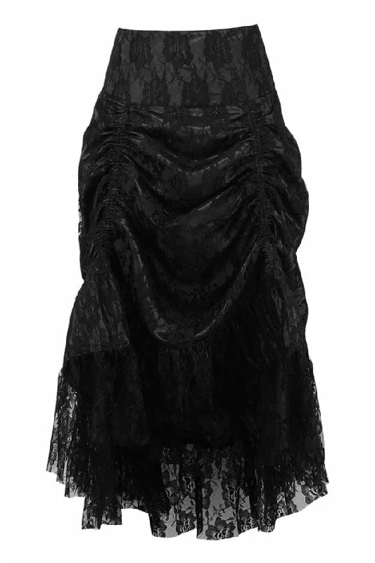 Dry - clean only velvet skirt for a luxurious winter lookBlack w/Black Lace Overlay Ruched Bustle Skirt Dry - clean only velvet skirt for a luxurious winter lookBlack w/Black Lace Overlay Ruched Bustle Skirt