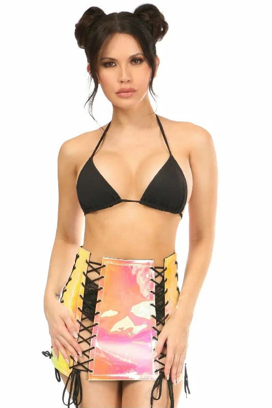 Pencil skirt in stretchy spandex for a figure - hugging fitYellow/Pink Holo Lace-Up Skirt Pencil skirt in stretchy spandex for a figure - hugging fitYellow/Pink Holo Lace-Up Skirt