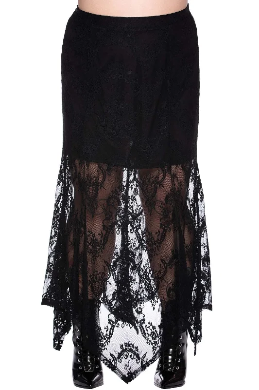Sheer mesh skirt with lining for a trendy and modest styleRosa Lace Maxi Skirt [PLUS]
