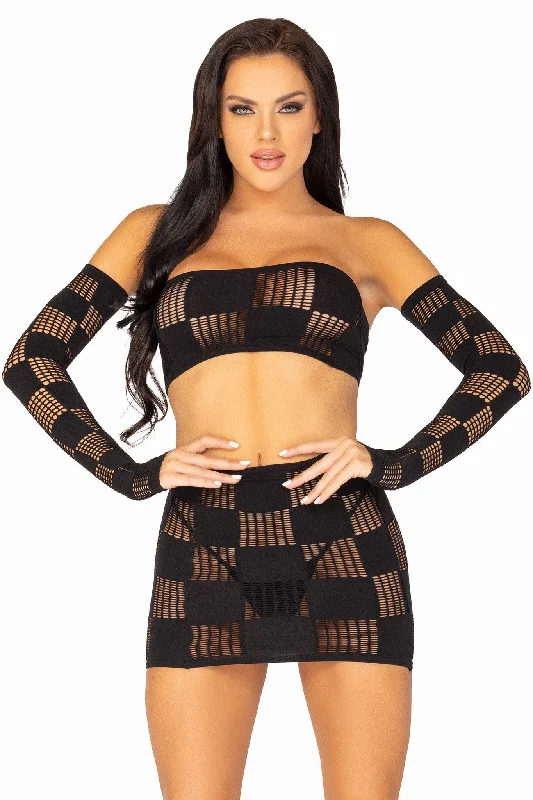 Midi - length chiffon skirt for a romantic date night3 Piece Checkerboard Net Bandeau, Mini Skirt & Arm Warmers
