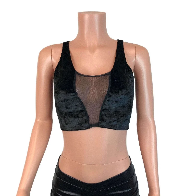 Sleeveless Women's Linen Crop Top in Natural for a Breathable and Casual Summer StyleMesh Inset Crop Tank Top - Black Crushed Velvet Sleeveless Women's Linen Crop Top in Natural for a Breathable and Casual Summer StyleMesh Inset Crop Tank Top - Black Crushed Velvet