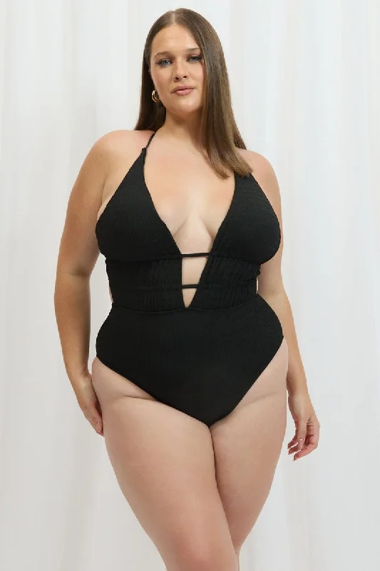 Black V Neck One Piece Swimsuit