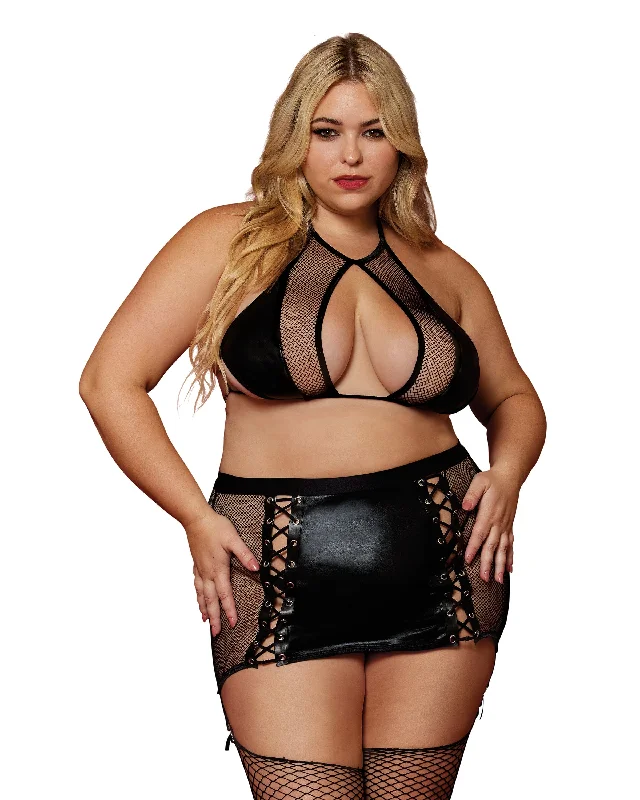 Fetish Plus Size Faux-Leather and Fishnet Bralette and Garter Skirt Set