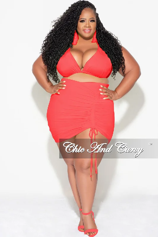 Final Sale Plus Size 3pc Set Bikini Top, Briefs & Ruched Skirt in Rust Orange