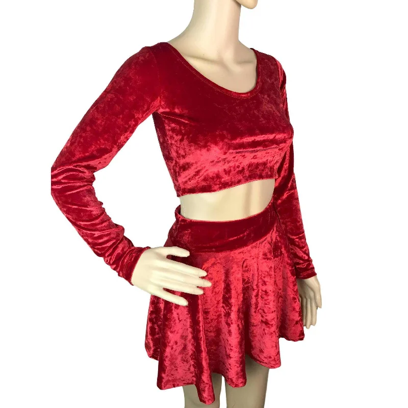 Long Sleeve Crop Top - Red Crushed Velvet