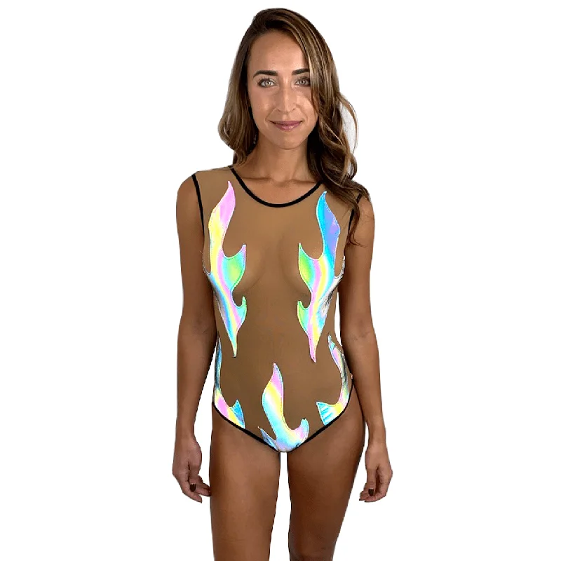 Rainbow Reflective Inferni Black Flame Nude Mesh One Piece BodySuit