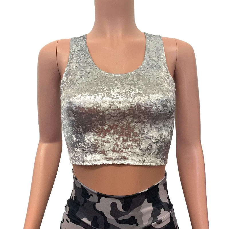 Tie - Front Women's Crop Top in Orange for a Playful and Adjustable FitCrop Tank Top - Silver on White Gilded Velvet Tie - Front Women's Crop Top in Orange for a Playful and Adjustable FitCrop Tank Top - Silver on White Gilded Velvet