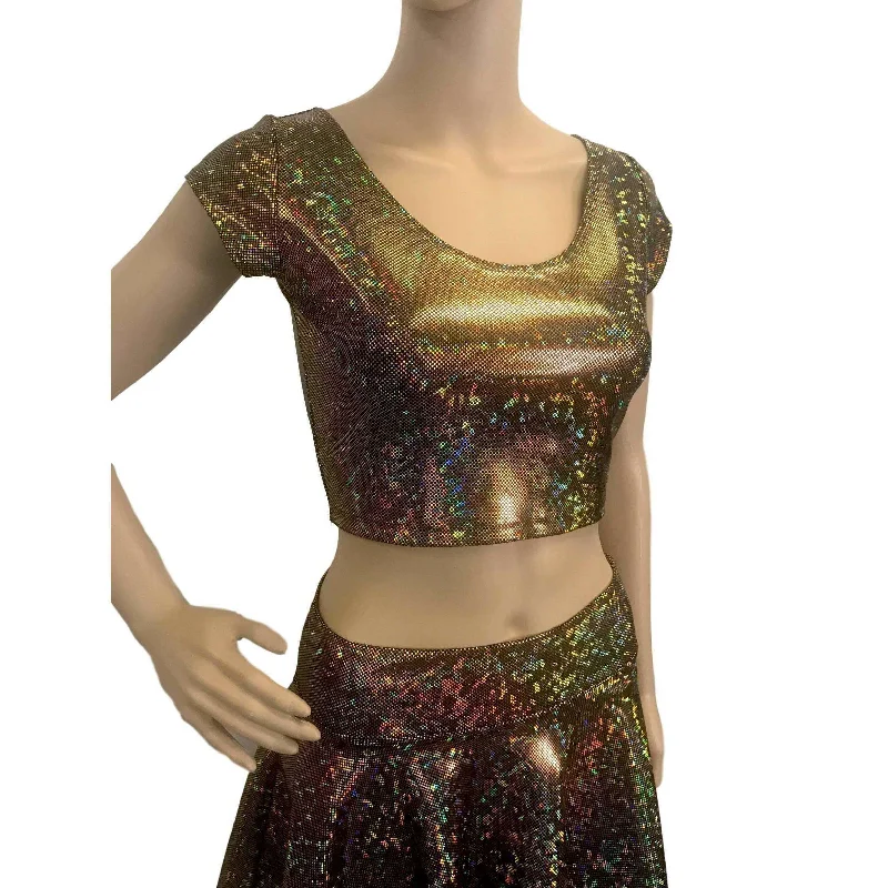 Crochet - Knit Women's Crop Top in Cream for a Bohemian and Artisanal LookCap Sleeve Crop Top - Gold on Black Shattered Glass Crochet - Knit Women's Crop Top in Cream for a Bohemian and Artisanal LookCap Sleeve Crop Top - Gold on Black Shattered Glass