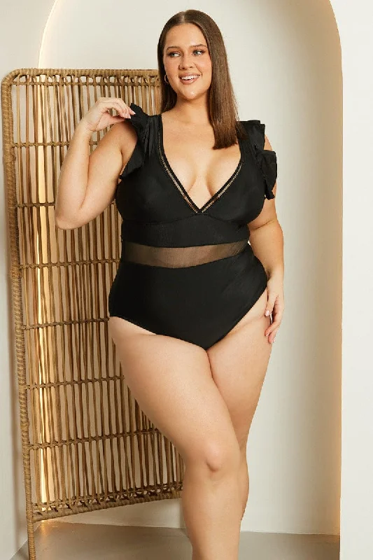 Black Flutter Sleeve One Piece Swimsuit