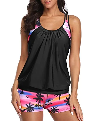 Sporty T-Back Tankini Swimwear Boy Shorts For Women-Black Conut Tree