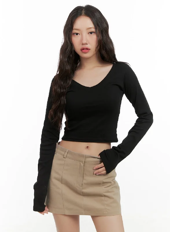 Cotton V-Neck Crop Long Sleeve Top CG422