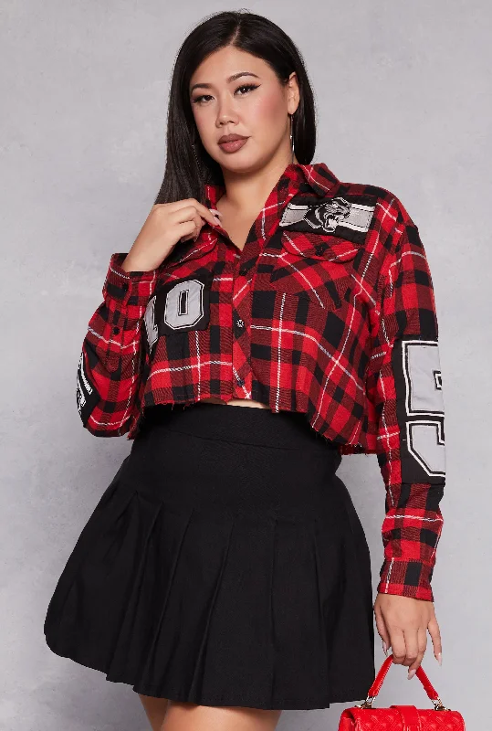 Plus Size Spoon Jeans Graphic Patch Plaid Cropped Shirt