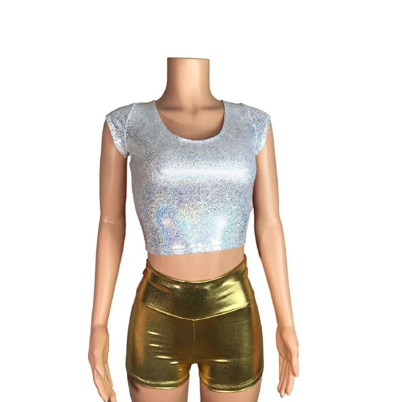 Sustainable Organic Cotton Women's Crop Top in Khaki for an Eco - Friendly ChoiceCap Sleeve Crop Top - Silver Holographic Sustainable Organic Cotton Women's Crop Top in Khaki for an Eco - Friendly ChoiceCap Sleeve Crop Top - Silver Holographic