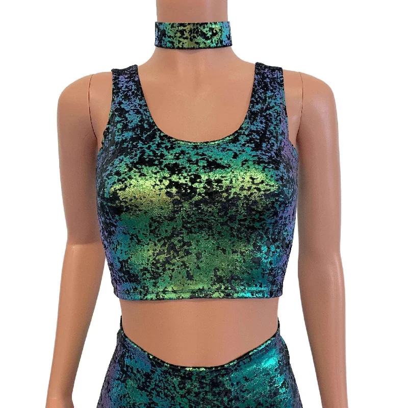 Crop Tank Top - Black/Green Iridescent Gilded Velvet