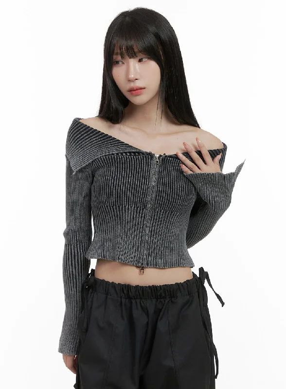 Backless Women's Crop Top in Black for a Sensual and Alluring Evening OutfitTwo-Way Zip-up Off Shoulder Long Sleeve Crop Top CS419 Backless Women's Crop Top in Black for a Sensual and Alluring Evening OutfitTwo-Way Zip-up Off Shoulder Long Sleeve Crop Top CS419