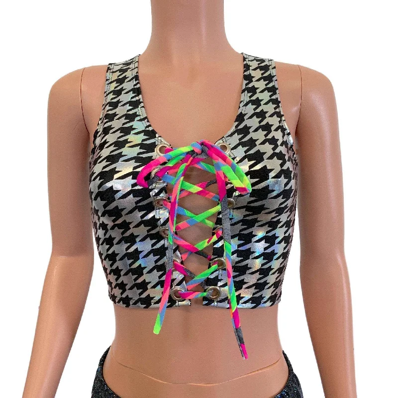 Plunging V - Neck Women's Crop Top in Red for a Bold and Sexy StatementSALE - SMALL ONLY - Lace-Up Crop Tank Top - Houndstooth Holo & Neon