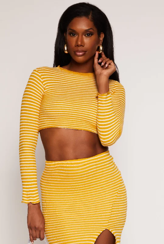 Striped Rib Knit Lettuce Edge Crop Top