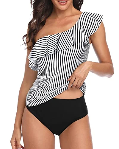 Ruffle One Shoulder Tummy Control Tankini Women's Two Piece Bathing Suits