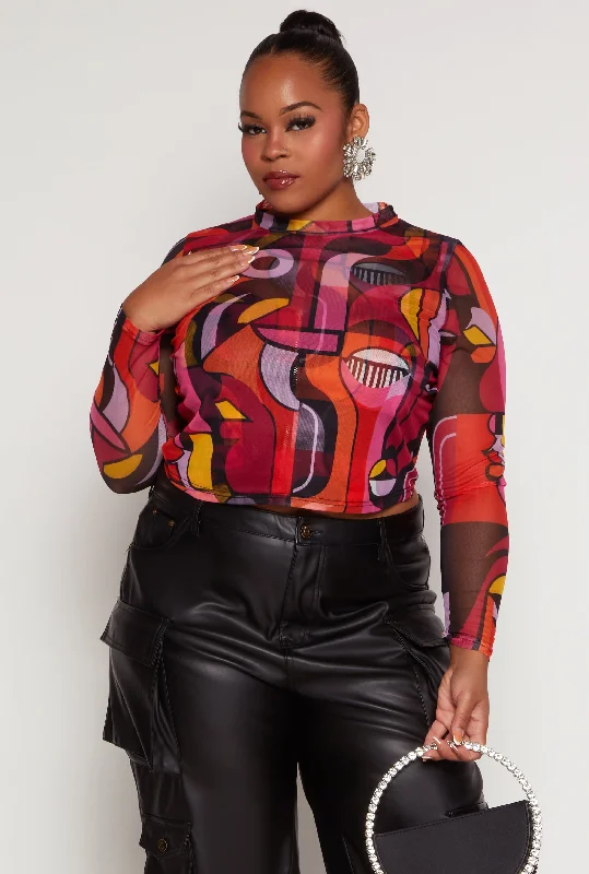 Plus Size Mesh Abstract Print Long Sleeve Crop Top