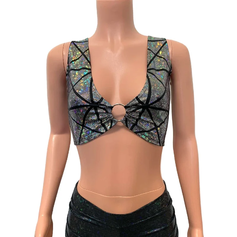 High - Neck Women's Crop Top in Burgundy with Lace Trim for an Elegant and Sophisticated VibeSilver Glass Pane Holographic Ring Crop Top