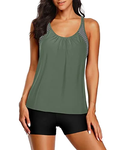 Criss Cross Back Tankini Set Casual Tankini Set-Army Green