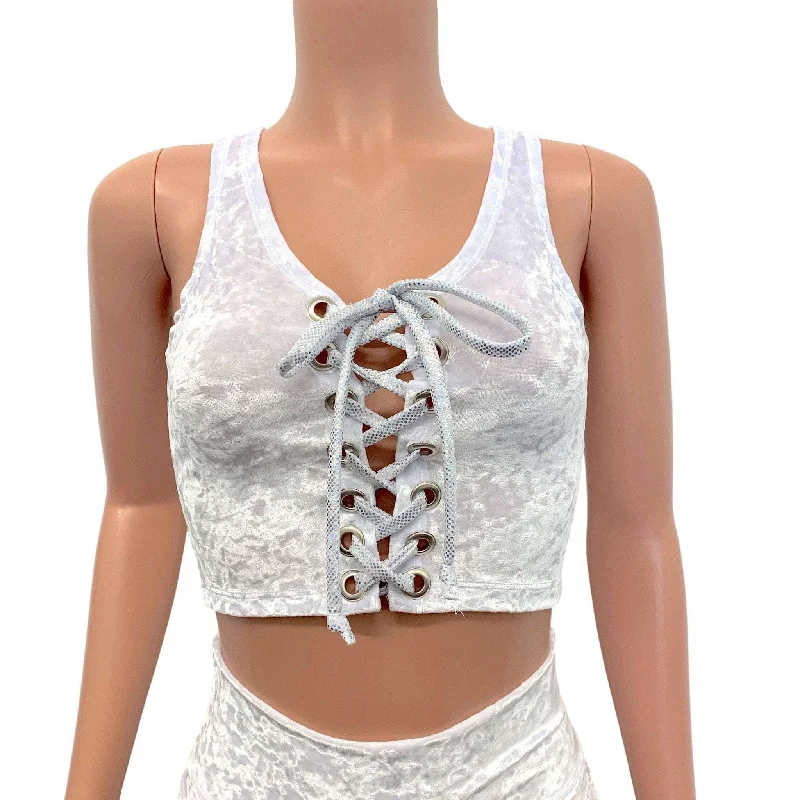 Backless Women's Crop Top in Black for a Sensual and Alluring Evening OutfitLace-Up Crop Top - White Crushed Velvet & Silver Holo Backless Women's Crop Top in Black for a Sensual and Alluring Evening OutfitLace-Up Crop Top - White Crushed Velvet & Silver Holo