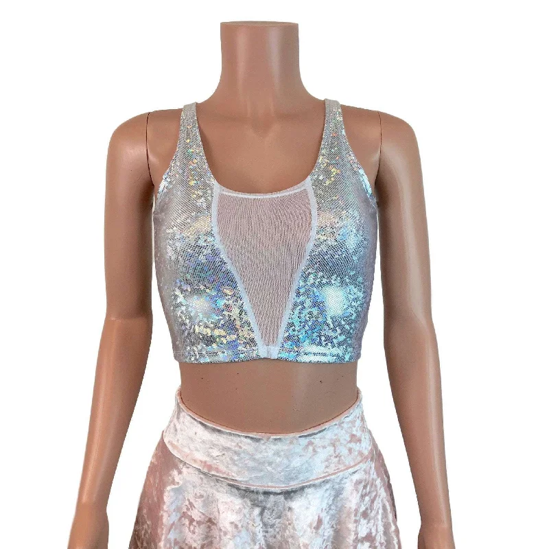 Mesh Inset Crop Tank Top - Silver on White Shattered Glass