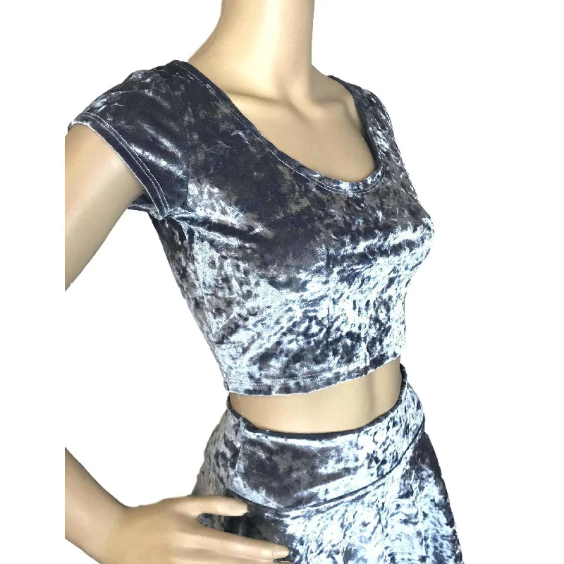 Metallic - Finish Women's Crop Top in Silver for a Futuristic and Eye - Catching LookCap Sleeve Crop Top - Silver Gray Crushed Velvet Metallic - Finish Women's Crop Top in Silver for a Futuristic and Eye - Catching LookCap Sleeve Crop Top - Silver Gray Crushed Velvet