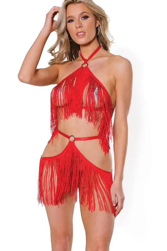 Midi - length chiffon skirt for a romantic date nightFringe Top & Skirt Harness Set