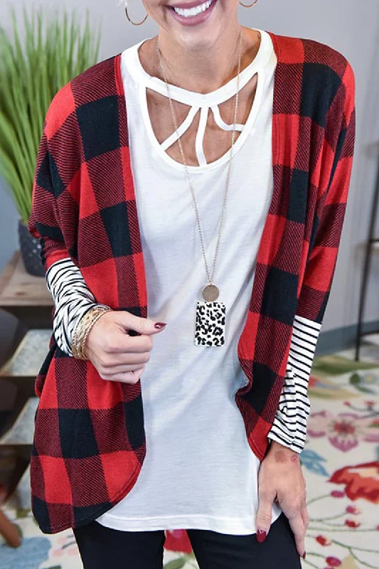 Casual Plaid Striped Split Joint  Contrast Tops