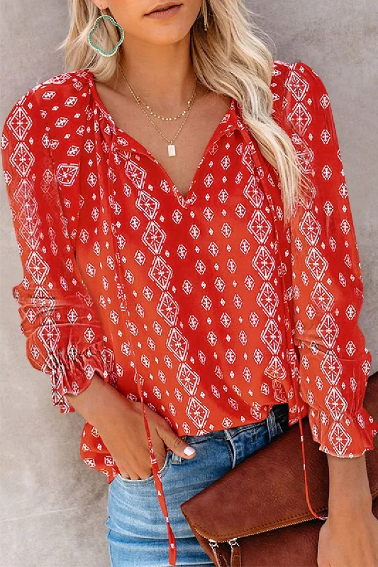 Casual Elegant Print Split Joint Frenulum V Neck Tops