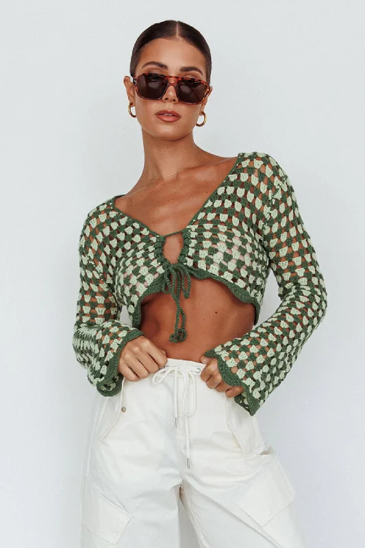 Maycie Long Sleeve Crochet Crop Top Green Multi