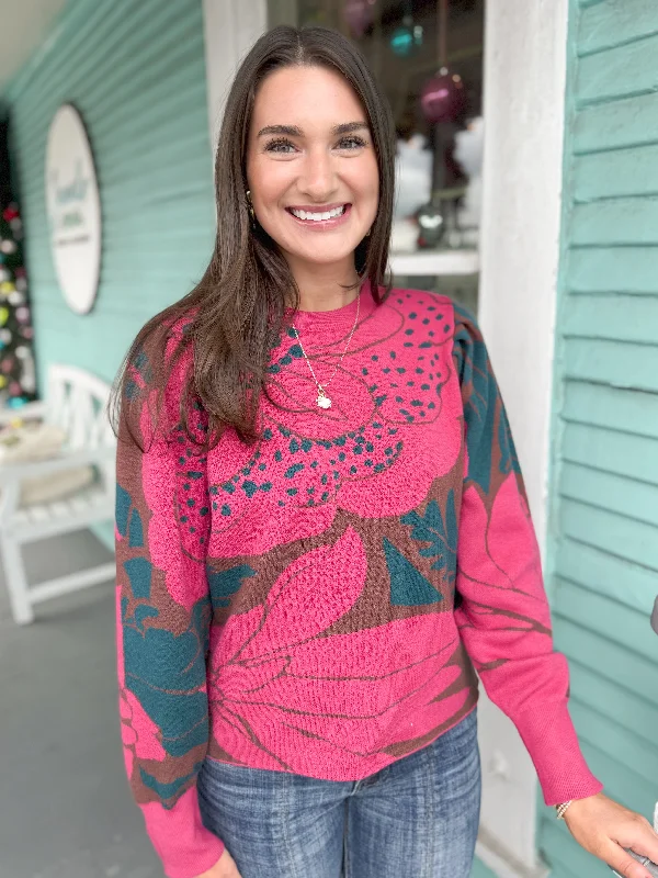 The Zinnia Floral Sweater-Pink