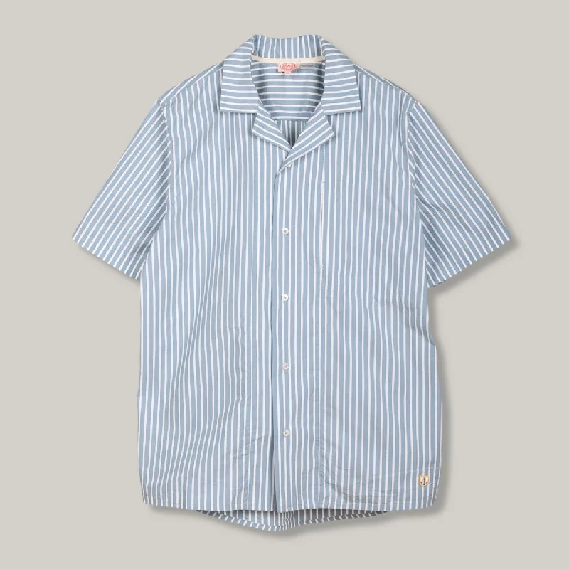 Split - Hem Women's Linen Blend Sweaters for SpringARMOR LUX SS SHARK COLLAR SHIRT - BLUE STRIPE Split - Hem Women's Linen Blend Sweaters for SpringARMOR LUX SS SHARK COLLAR SHIRT - BLUE STRIPE