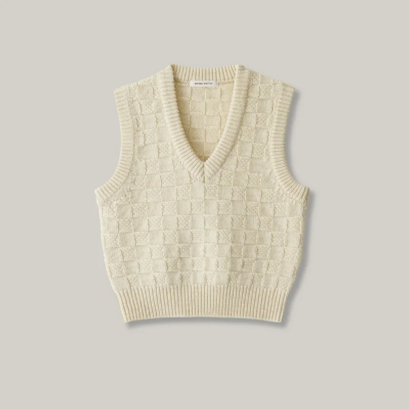 Tie - Front Women's Lambswool Sweaters in Pastel HuesNOTHING WRITTEN CHESS WOOL VEST - IVORY Tie - Front Women's Lambswool Sweaters in Pastel HuesNOTHING WRITTEN CHESS WOOL VEST - IVORY