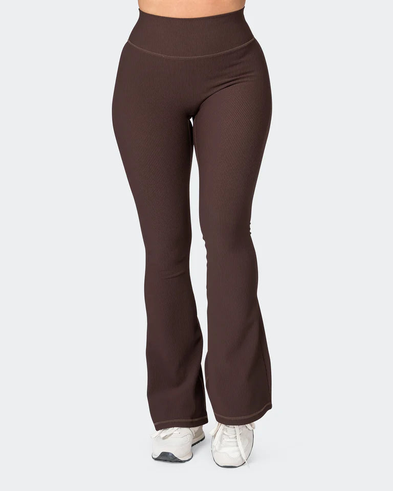 Metallic - finish women leggings for a glamorous and shiny outfitMuscle Nation | Zero Rise Rib Flare Leggings - Cocoa Metallic - finish women leggings for a glamorous and shiny outfitMuscle Nation | Zero Rise Rib Flare Leggings - Cocoa