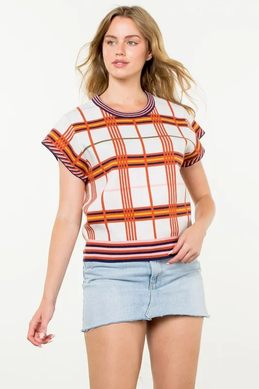 Hooded Women's Fleece - Lined Sweaters for WinterShort Sleeve Plaid Top