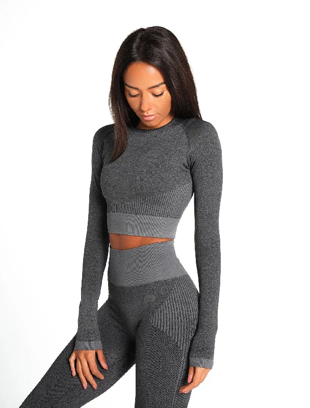 V - Neck Women T Shirt to Enhance the NecklineADAPT Seamless Long Sleeve Crop Top - Black.Charcoal V - Neck Women T Shirt to Enhance the NecklineADAPT Seamless Long Sleeve Crop Top - Black.Charcoal