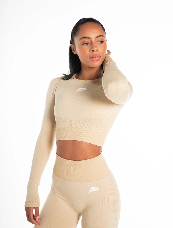 ADAPT Seamless Long Sleeve Crop Top - Marl Beige