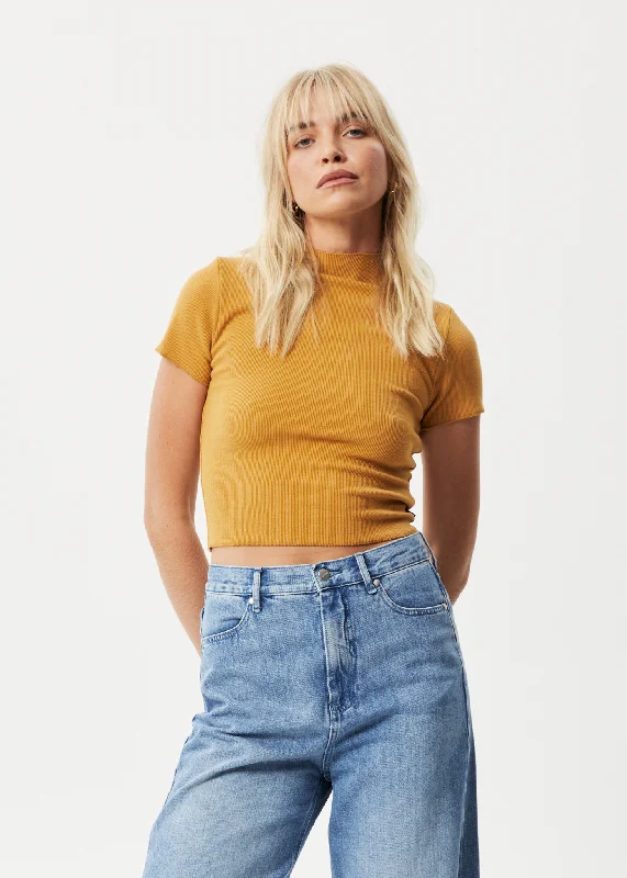 Distressed Women T Shirt with a Laid - Back AestheticAFENDS Womens Iconic - Ribbed T-Shirt - Mustard Distressed Women T Shirt with a Laid - Back AestheticAFENDS Womens Iconic - Ribbed T-Shirt - Mustard