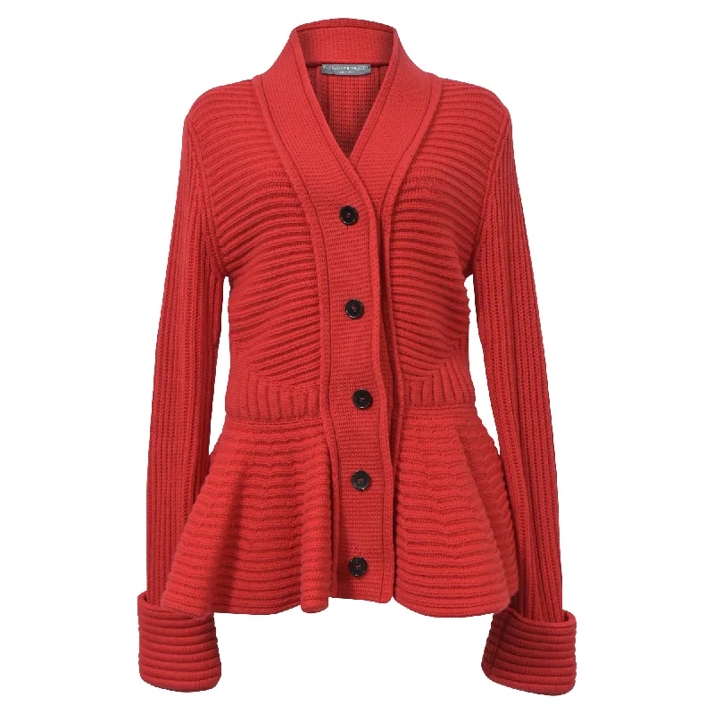 Alexander McQueen Peplum Chunky-Knit Cardigan in Red Wool