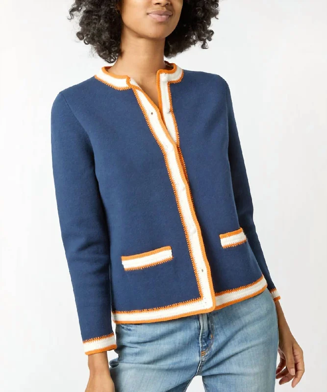 hand knitted women cardigan with artisanal charmAubrey Cardigan In Navy