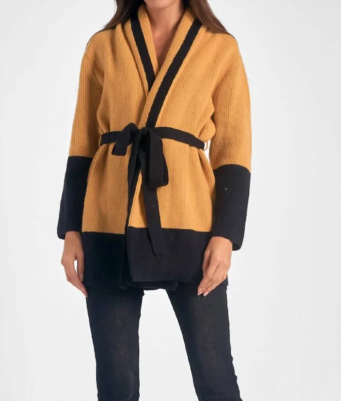 color block women cardigan with bold huesBelted Color Block Cardigan In Curry/black