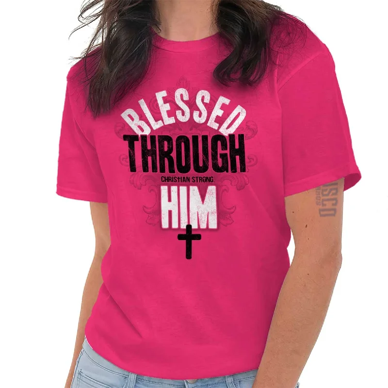Ringer T Shirt Women with Retro - Inspired StripesBlessed Through Him T Shirt