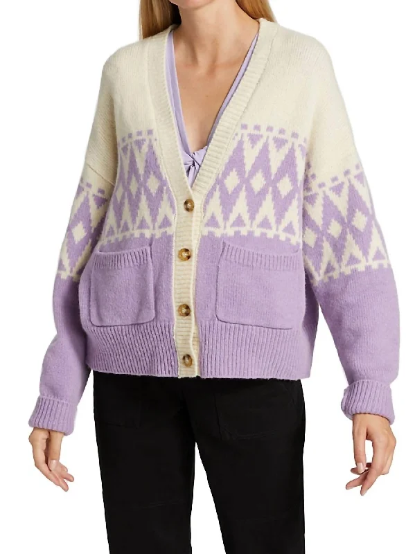 ribbed women cardigan with a classic textureBonnie Fair Isle Cardigan In Ivory Lilac ribbed women cardigan with a classic textureBonnie Fair Isle Cardigan In Ivory Lilac