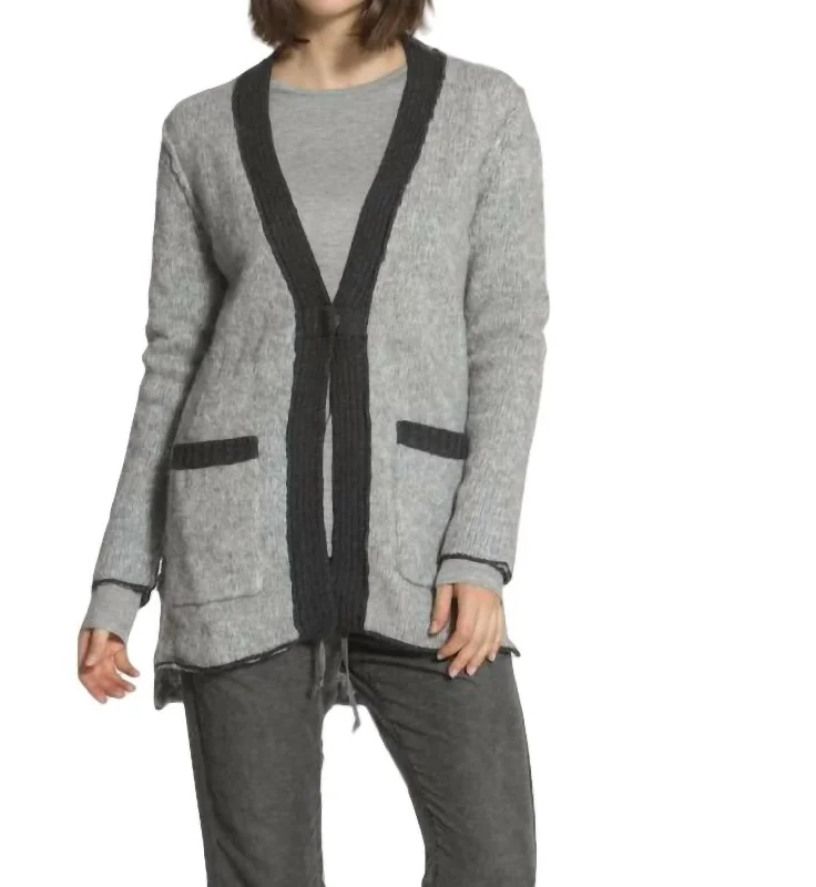 hand knitted women cardigan with artisanal charmBoucle Snap Cardigan In Grey/charcoal hand knitted women cardigan with artisanal charmBoucle Snap Cardigan In Grey/charcoal