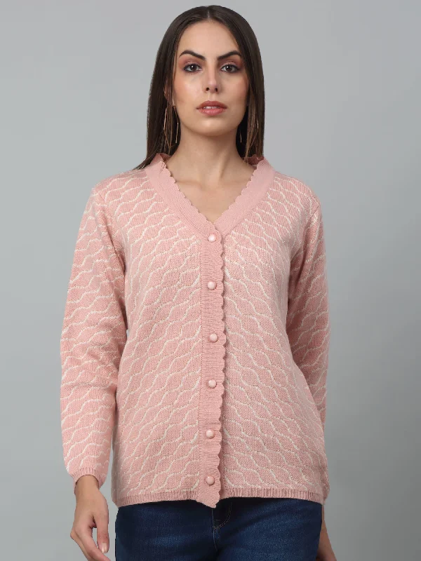 Women's Casual  Pink V neck Cardigan Sweater